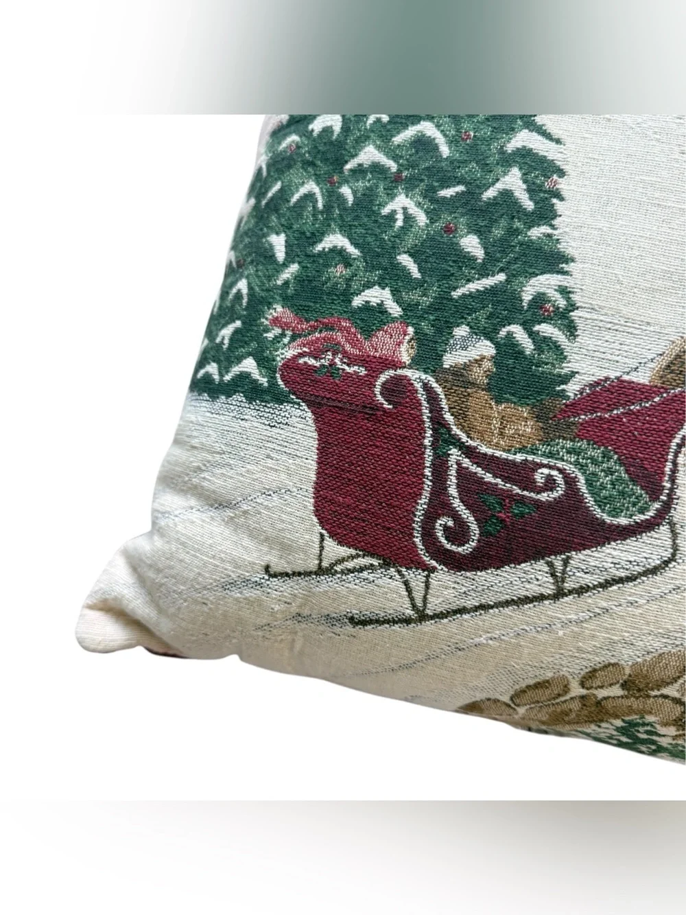 Vintage Christmas Tapestry Pillow Horse Sleigh Covered Bridge Winter Farm 15x15